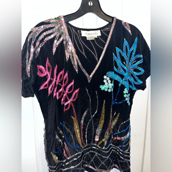 Vintage Argenti 100% Pure Silk Sequin Womens Top Black Tropical Size Small - Picture 2 of 4